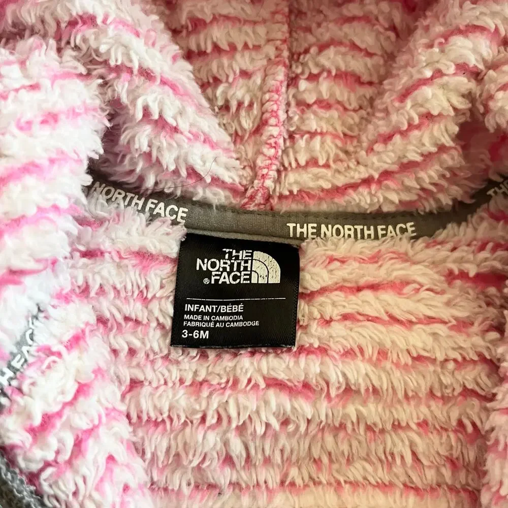 The North Face girls  Oso pink stripe polar fleece hooded jacket size 3-6 mos